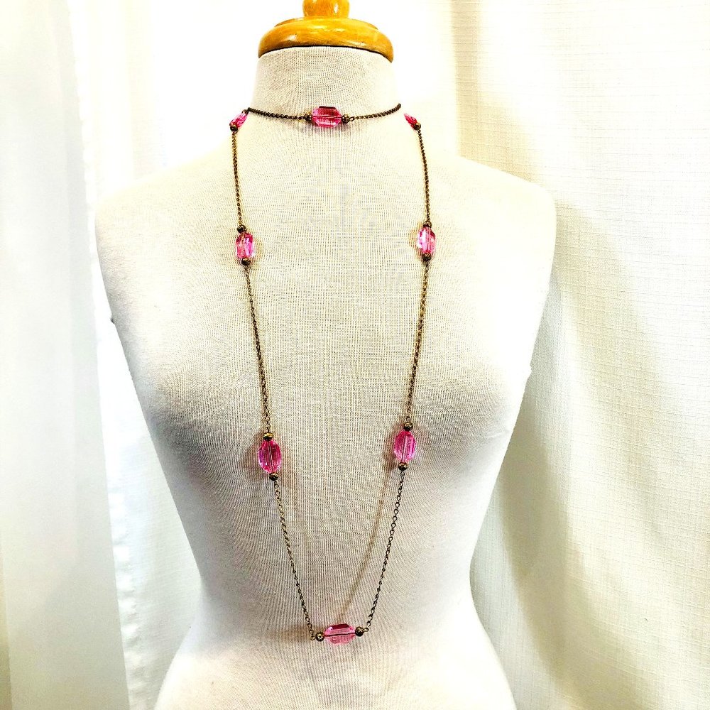 Vintage 1960s Pink Glass and Brass Extra Long Necklace